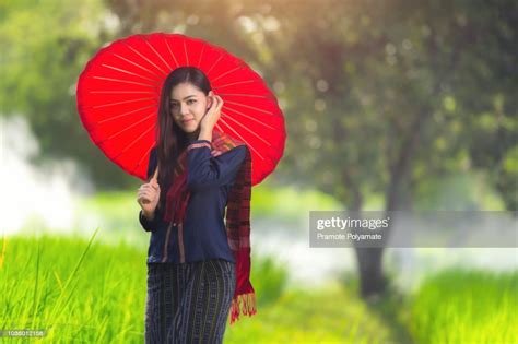 Beautiful Thai Girl In Traditional Dress Costume Red Umbrella Thai