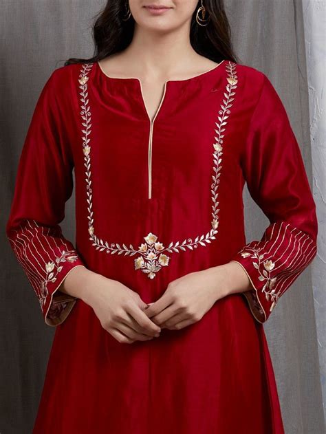 Buy Red Embroidered Chanderi Silk Kurta Online At Theloom Kurti Neck