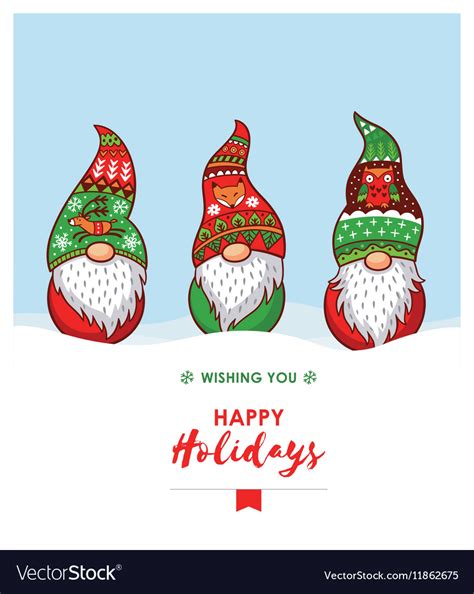 Send some holiday cheer with fun, free interactive christmas ecards. Happy Holidays card with Christmas gnomes in red Vector Image