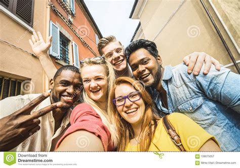 Best Friends Multiracial People Taking Selfie Outdoors Stock Image Image Of Multi Ethnic