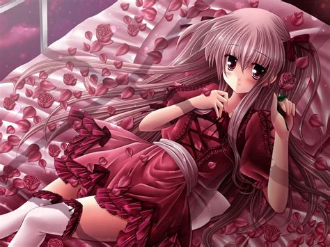 Anime Character Laying On Bed With Rose Petals Hd Wallpaper Wallpaper
