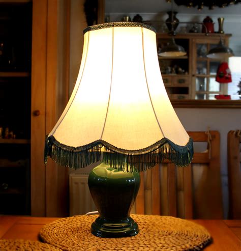 Vintage Green Ceramic Table Lamp Bedside Electric Lamp Beige Fringe Shade Ceramic Table Lamps