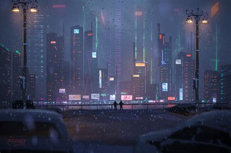 Cyberpunk Winter Night Cityscape Hd Wallpaper By Surendra Rajawat