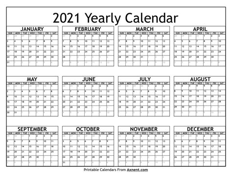 Printable 2021 Yearly Calendar Time Management Tools By Axnent