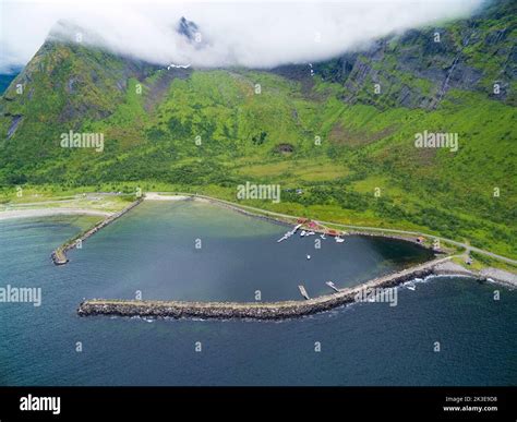 Aerial View Of Sundy Ersfjord Beach Surrounded By Craggy Peaks Hidden