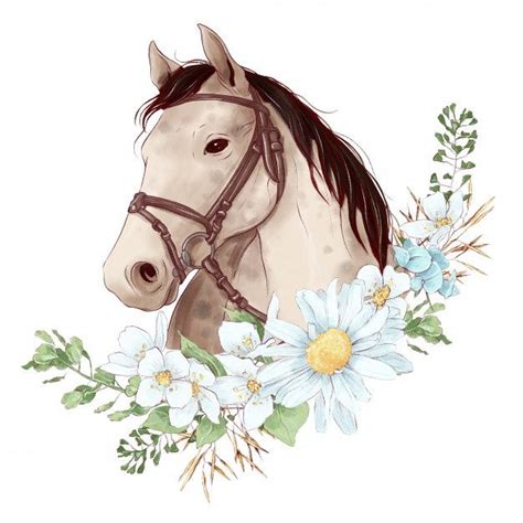 Horse Portrait In Digital Watercolor Style And A Bouquet Of Daisies In