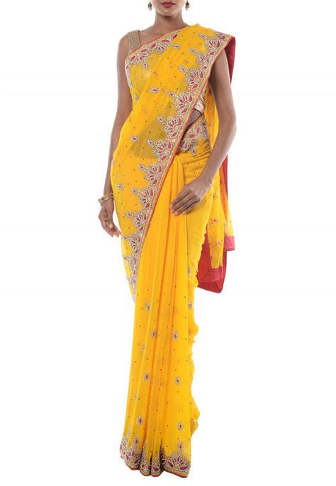 Hand Embroidered Chiffon Saree In Yellow Seh1518