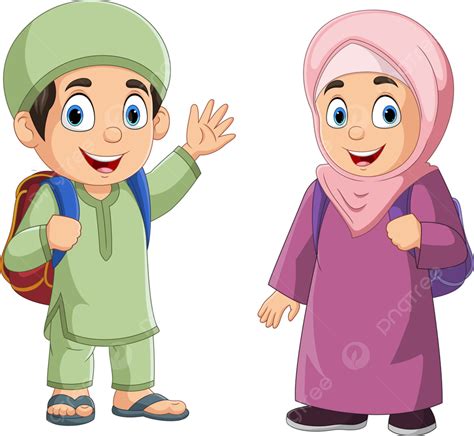 Kartun Anak Laki Laki Dan Perempuan Muslim Yang Bahagia Ramadan Muda