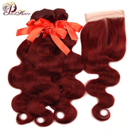 Pinshair 99j Hair Red Burgundy Bundles With Closure Brazilian Body Wave Human Hair Weave Bundles