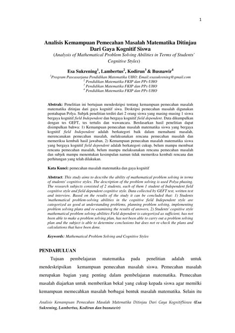 PDF Analisis Kemampuan Pemecahan Masalah Matematika Ditinjau Dari Gaya Kognitif Siswa