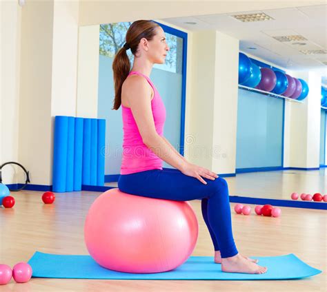 Pilates Woman Fitball Swiss Ball Exercise Workout Stock Photo Image