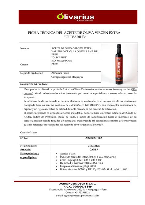 Ficha T Cnica De Aceite De Oliva Virgen Extra Olivarius