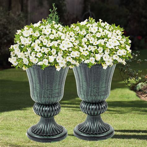 Set Of 2 Green Garden Urn Patio Planters Outdoor And Indoor Large Plant