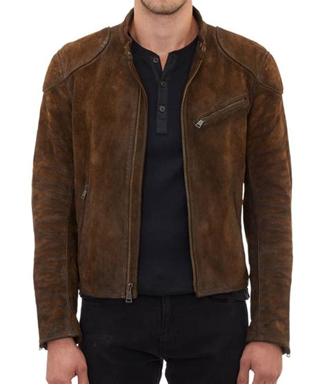 Brown suede jacket with two pockets on one side. Mens Brown Cafe Racer Suede Leather Jacket - Hleatherjackets