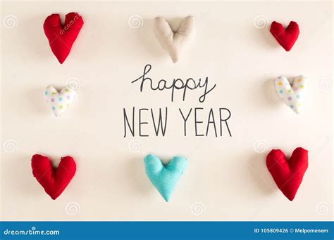 Happy New Year Message With Blue Heart Cushions Stock Photo Image Of