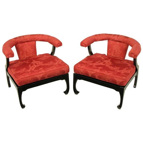 Pair Low Ming-Style Silk Upholstered Chinoiserie Lounge Chairs at 1stdibs