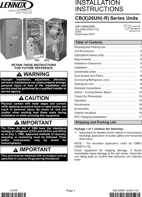 Lennox Air Handler Indoor Blowerandevap Manual L0805350