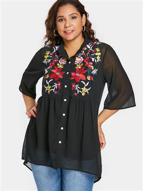 Wipalo Plus Size Buttons Floral Embroidery Women Blouse Stand Collar Three Quarter Long Shirts
