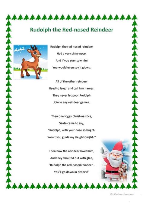 Rudolph The Red Nosed Reindeer Song And Ws English Esl Worksheets For