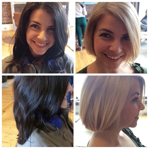If they're going from dark brown or black hair to blonde, it may even take a few more. Before and after, long brown hair to short blonde bob ...