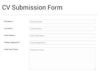 This resume submission form allows gathering applicant personal and contact information, cv, their area of interest, skill level and allows applicants to add a cover letter. CV Submission Form - RegistrationMagic