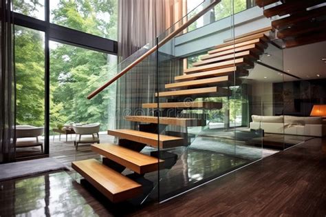 Modern Floating Staircase With Glass Railing Stock Photo Image Of