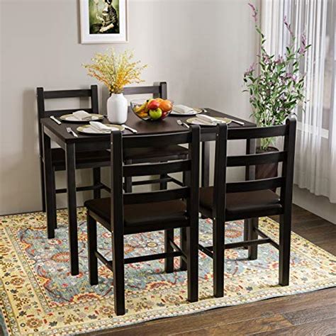 Mecor 5 Piece Wood Kitchen Dining Table Set Pine Wood Table W 4 Pu Leather Cushion Chairs