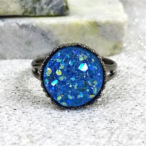 Blue Druzy Ring Adjustable Blue Drusy Ring For Women Blue Etsy