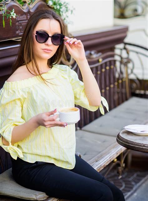 Breakfast Time In Cafe Girl Enjoy Morning Coffee Woman In Sunglasses Drink Coffee Outdoors