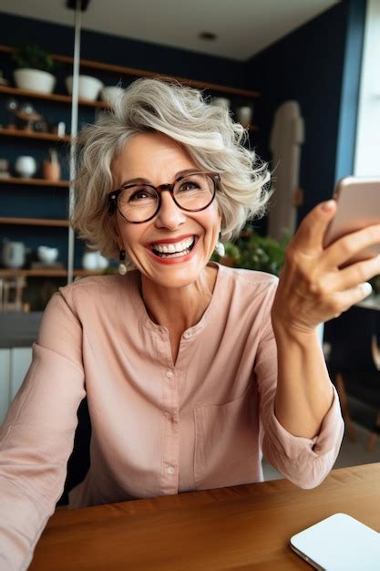 Premium Photo Happy Retired Mature Lady In Stylish Glasses Taking Selfie Picture On Smartphone