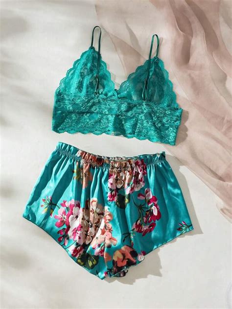 Classic Sexy Plus Floral Lace Bralette With Floral Print Satin Shorts Shein Usa