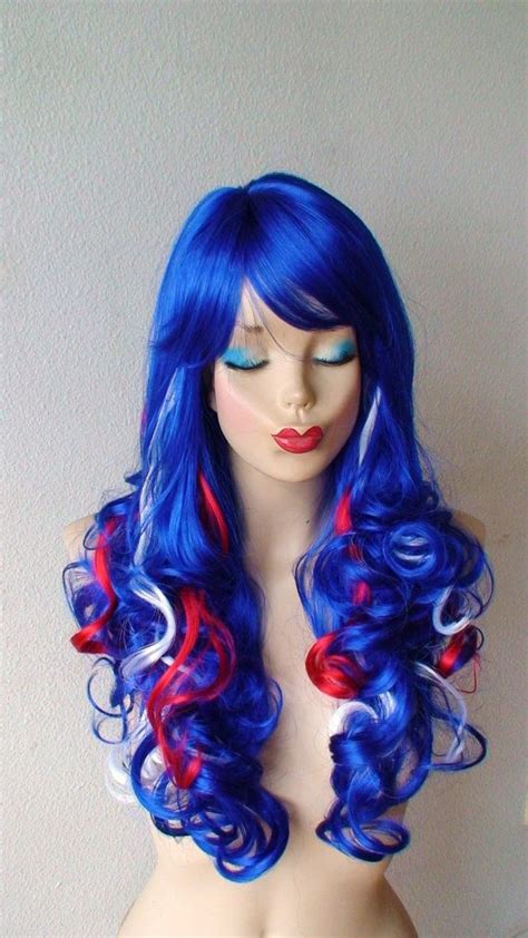 Blue Wig Blue White Red Hair Wig Long Curly Hair By