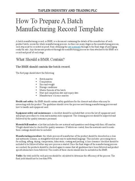 How To Prepare A Batch Manufacturing Record Template What Should A Bmr