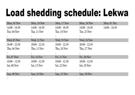 Schedules may change without notice. Load shedding schedule (Stage 1) - Standerton Advertiser