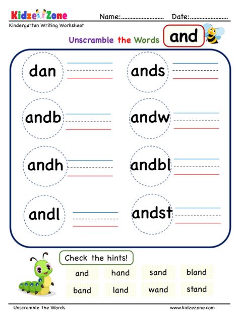 Kindergarten Unscramble words Worksheets for all word families