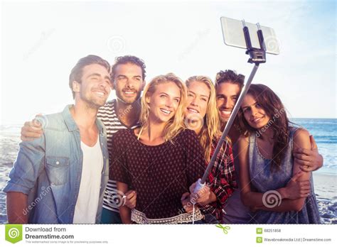 Happy Friends Taking Selfie With Selfie Stick Stock Photo Image Of