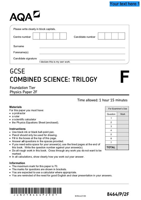 Aqa Gcse Combined Science Trilogy Foundation Tier Physics Paper 2f Qp 2021