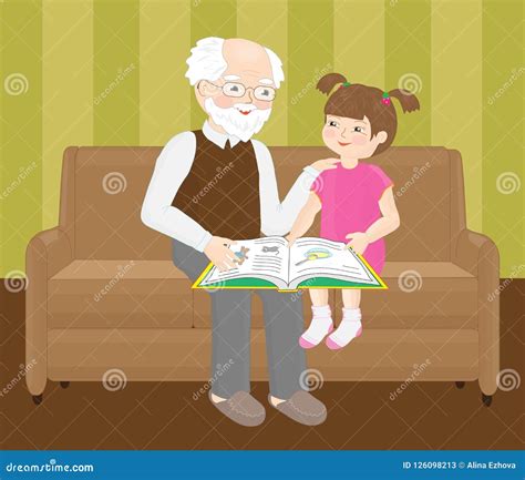 Grandfather And Granddaughter Are Reading A Book Royalty Free Cartoon