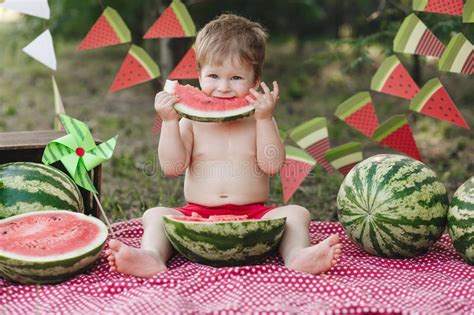 Happy Child Boy Eating Watermelon Outdoors Stock Photo Image Of Juicy