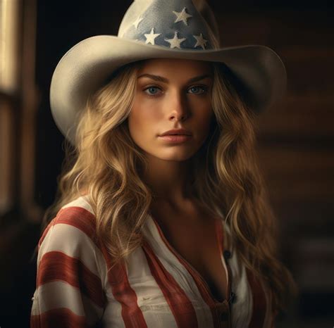 Premium AI Image A Highly Attractive Woman Wearing A Cowbabe Hat With An American Flag