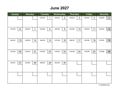 June 2027 Calendar With Day Numbers