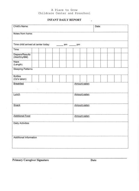 Infant Daily Report Sheet Infant Daily Report Preschool Daily Report