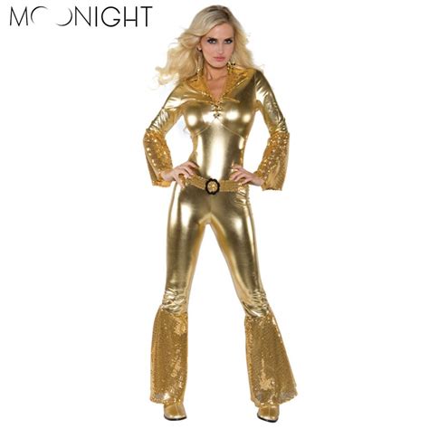 Moonight Hot Sell Retro Women Arabian Cosplay Costumes Sexy Disco Dj Ds Diva Star Gold Jumpsuit