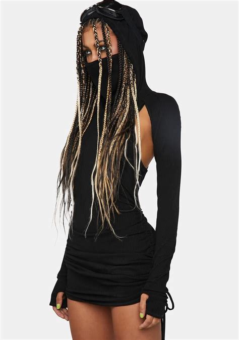 Darker Wavs Ruched Knit Cut Out Mini Dress Washed Black Rave