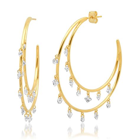 Double Crescent Hoops With Cz Dangle Accents Threader Earrings Moon