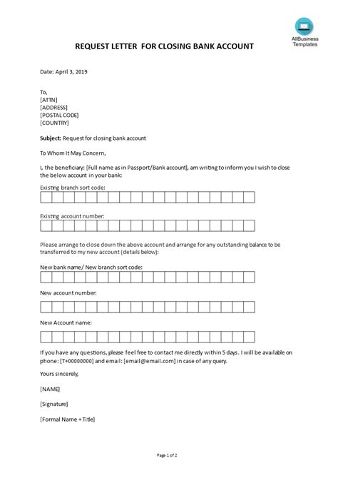 Request Letter For Closing Bank Account Templates At