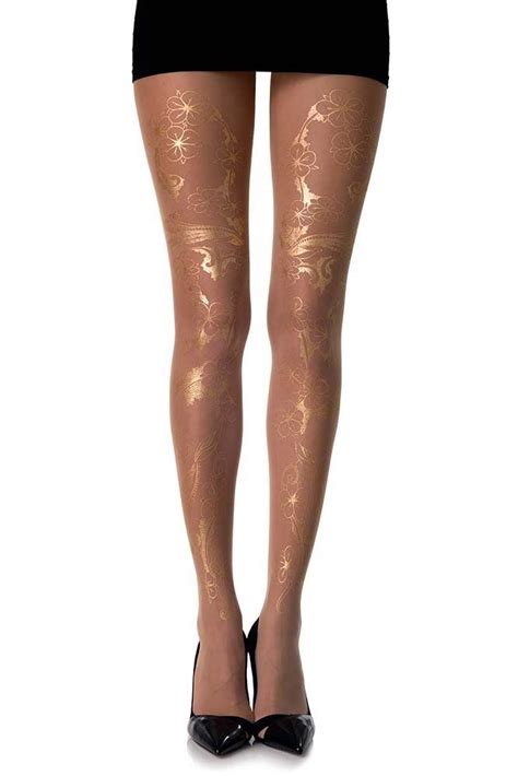 Celebration Floral Tattoo Sheer Tights In Skin Color And Gold By Zohara