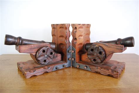 Vintage Large Hand Carved Wooden Cannon Bookends