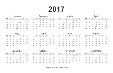 Yearly Calendar 2017 Printable Templates Free Printable