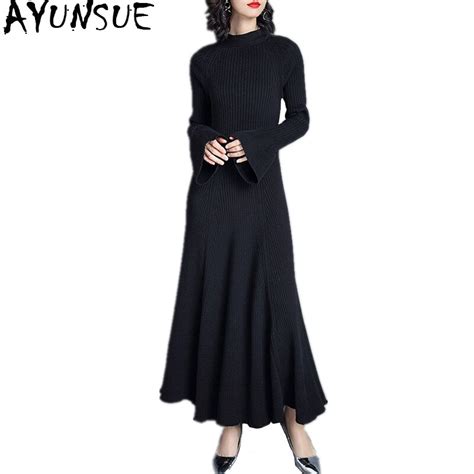Ayunsue 2018 Winter Dresses For Women Korean Black Knitted Sweater